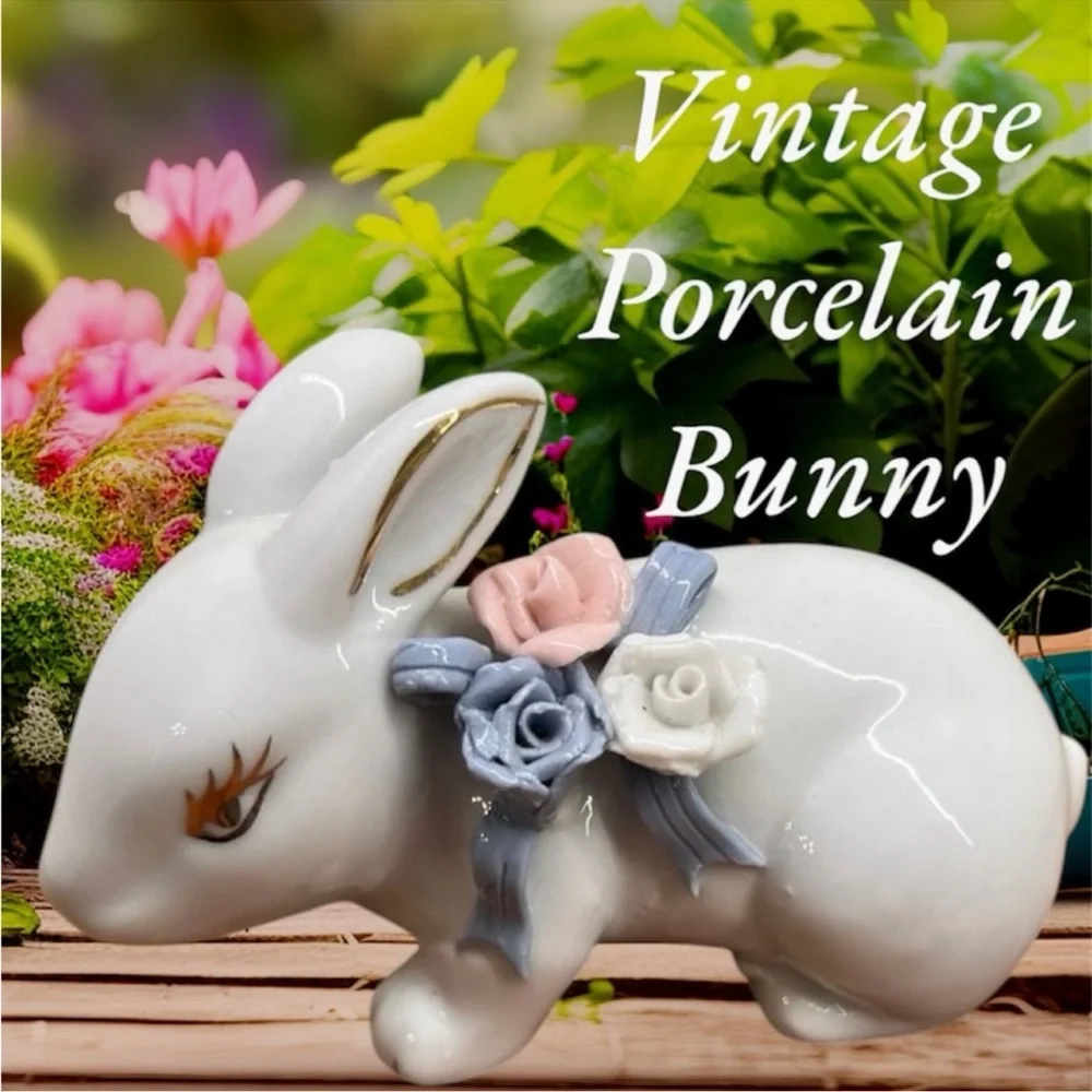 Vintage Porcelain Bunny Floral Rose Bow Cottage Core Farmhouse Mid Century White